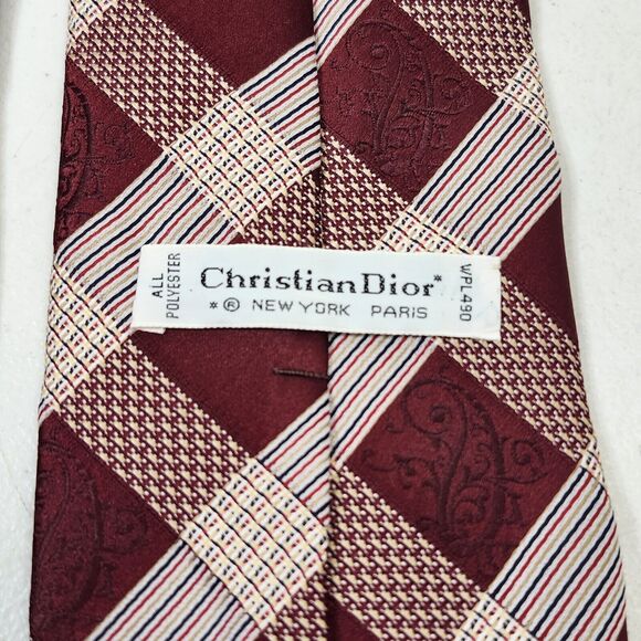 VTG Christian Dior Mens Diamond Print Neck Tie Red White Blue - Picture 4 of 5